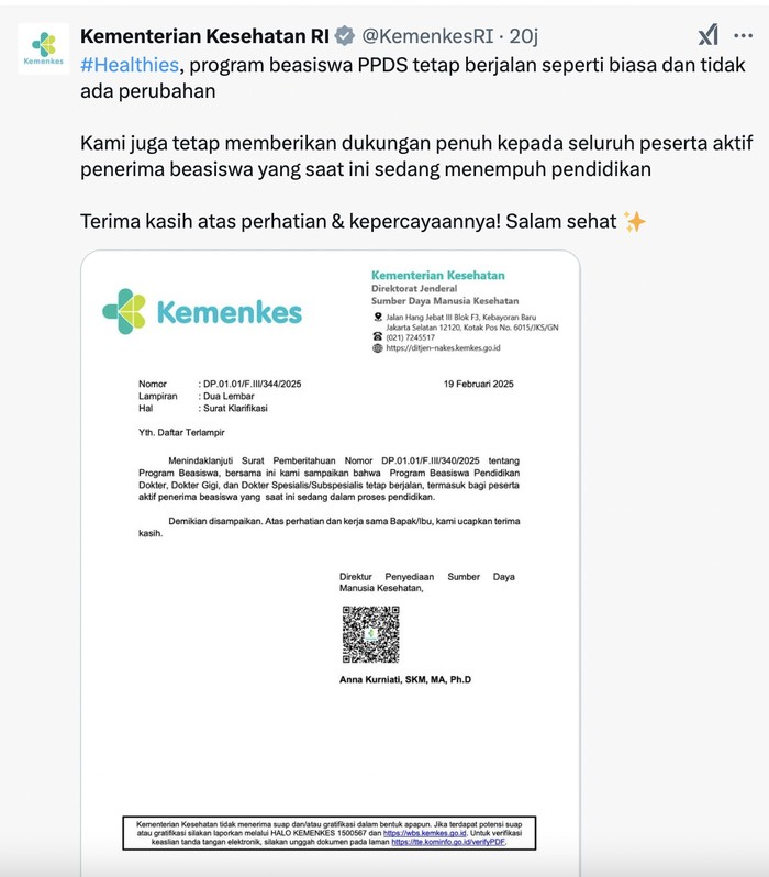 Efisiensi program beasiswa dokter dibatalkan