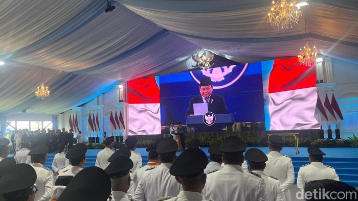 Presiden Prabowo Subianto saat pidato pelantikan kepala daerah terpilih di Istana Negara Jakarta (Eva/detikcom).