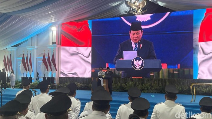Presiden Prabowo Subianto saat pidato pelantikan kepala daerah terpilih di Istana Negara Jakarta (Eva/detikcom).