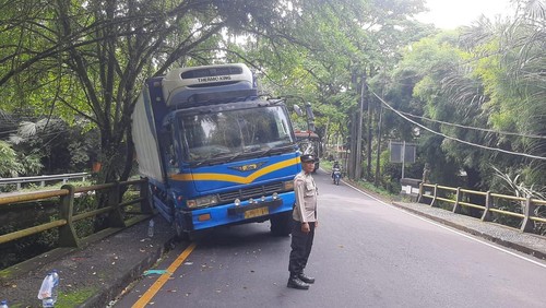 Truk boks mengalami kecelakaan akibat rem blong di Jalan Denpasar-Gilimanuk, tepatnya di wilayah Desa Selemadeg, Kecamatan Selemadeg, Tabanan, Bali, Rabu (19/2/2025). (Foto: Dok. Istimewa)