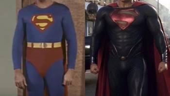 Penampilan Superman di zaman dulu, tepatnya pada 1948, dan sekarang yang terlihat jauh lebih keren. Foto: Business Insider