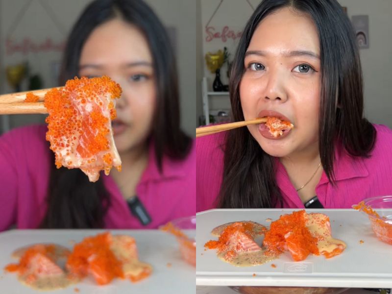 Kreasi salmon sashimi pakai tobiko dan saus wijen