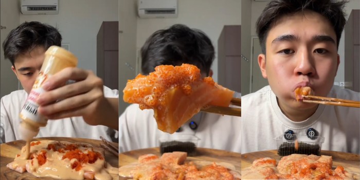 Kreasi salmon sashimi pakai tobiko dan saus wijen
