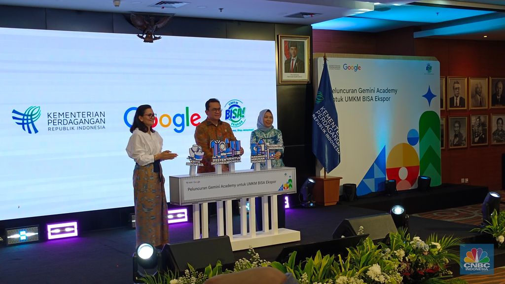 Menteri Perdagangan (Mendag) Budi Santoso dalam acara peresmian dan peluncuran Gemini Academy di Auditorium Kemendag, Jakarta, Jumat (21/2/2025). (CNBC Indonesia/Martyasari Rizky)