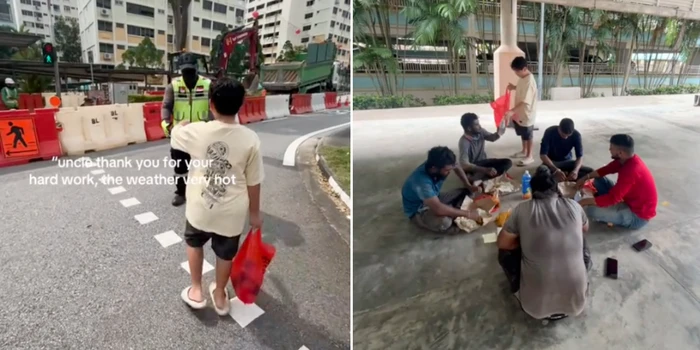 Mulia! Bocah Ini Bagi-bagi Minuman ke Pekerja Konstruksi