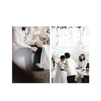 Kedua mempelai terlihat serasi memakai baju pengantin berwarna putih. Mikha memakai setelan jas tuksedo berwarna putih dipadukan dengan celana panjang hitam dan dasi kupu-kupu dari Wong Hang Tailor. Sedangkan Gregoria memilih tampilan serba putih, memakai gaun rancangan desainer STELLARISA. Foto: dok. Instagram @venemapictures