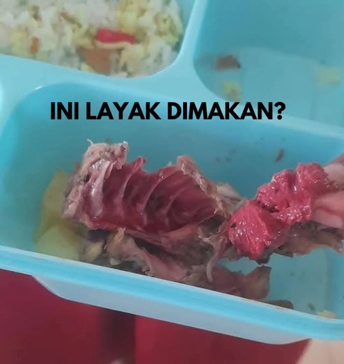 Penampakan daging yang masih berdarah diduga pada menu Makan Begizi Gratis di Sumba Timur, NTT. (Tangkapan layar)