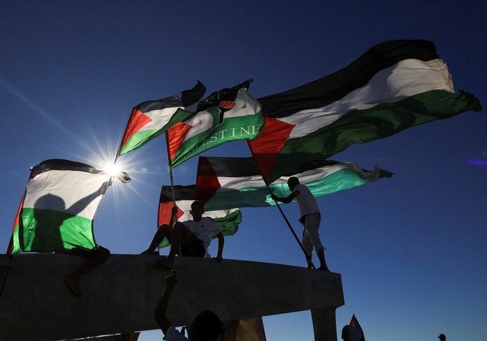 Pro-Palestinian demonstrators hold Palestinian flags, as they take part in a protest against U.S. President Donald Trumps plan to resettle Palestinians from Gaza, in Cape Town, South Africa, February 22, 2025. REUTERS/Esa Alexander