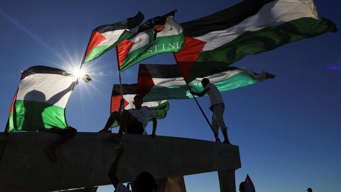 Pro-Palestinian demonstrators hold Palestinian flags, as they take part in a protest against U.S. President Donald Trumps plan to resettle Palestinians from Gaza, in Cape Town, South Africa, February 22, 2025. REUTERS/Esa Alexander