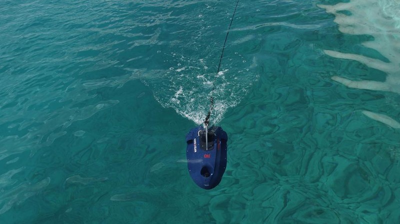 An underwater drone passes inside the seawater during a demonstration at a Marina in the southern resort of Ayia Napa, Cyprus, Monday, Feb. 24, 2025. (AP Photo/Petros Karadjias)