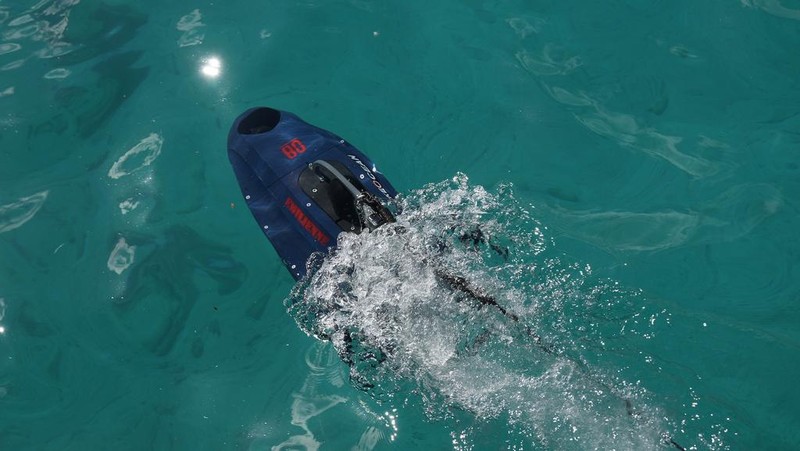 An underwater drone passes inside the seawater during a demonstration at a Marina in the southern resort of Ayia Napa, Cyprus, Monday, Feb. 24, 2025. (AP Photo/Petros Karadjias)