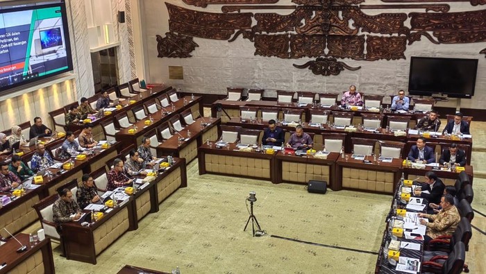 Kepala Eksekutif Pengawas Pasar Modal, Keuangan Derivatif, dan Bursa Karbon Inarno Djajadi, dalam rapat kerja dengan Komisi XI DPR RI di Senayan, Jakarta Pusat, Selasa (25/2/2025).