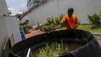 Warga binaan memberikan pakan ikan nila pada kolam bioflok di Rumah Tahanan Negara (Rutan) Kelas IIB Serang, Banten, Senin (24/2/2025).