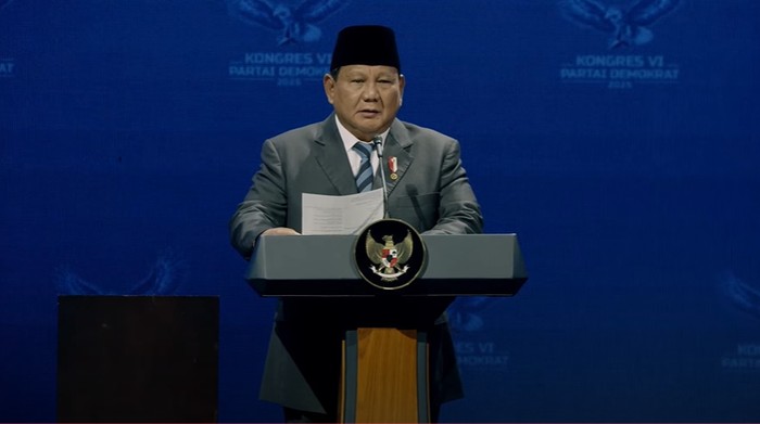 Presiden Prabowo Subianto dalam sambutannya saat Kongres VI Demokrat di Ritz Carlton Jakarta Selatan, Selasa (25/2/2025).