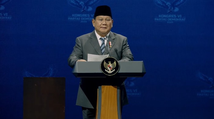 Presiden Prabowo Subianto dalam sambutannya saat Kongres VI Demokrat di Ritz Carlton Jakarta Selatan, Selasa (25/2/2025).