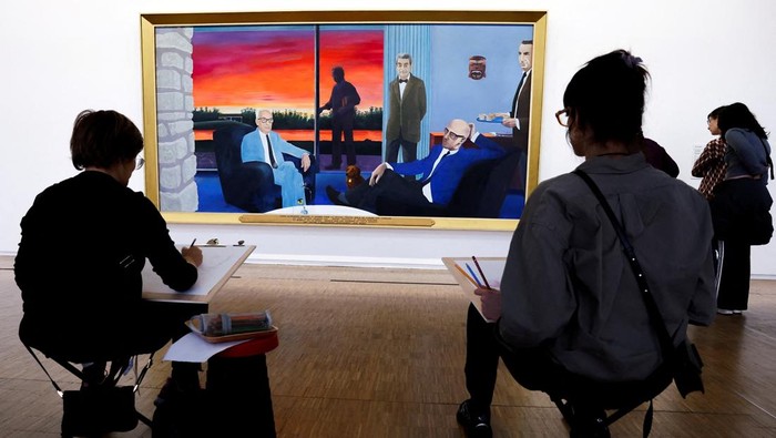 Participants copy art works during a collective performance named 