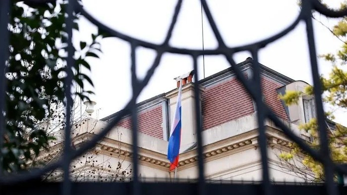 A Russian flag hangs at the Russia’s consulate in Marseille after the consul general confirmed there had been an explosion inside, France, February 24, 2025. (Reuters)