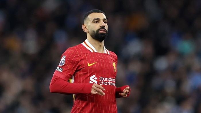 MANCHESTER, ENGLAND - FEBRUARY 23: Mohamed Salah of Liverpool  during the Premier League match between Manchester City FC and Liverpool FC at Etihad Stadium on February 23, 2025 in Manchester, England. (Photo by Catherine Ivill - AMA/Getty Images)