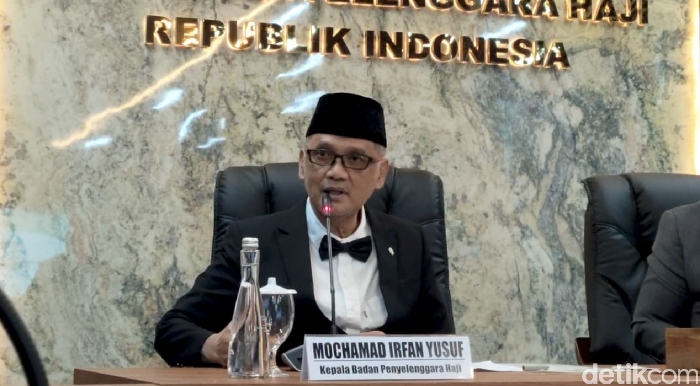 Kepala Badan BP Haji Mochamad Irfan Yusuf dalam acara Media Gathering BP Haji di Gedung Kemenag RI, Jakarta Pusat, Kamis (27/2/2025).