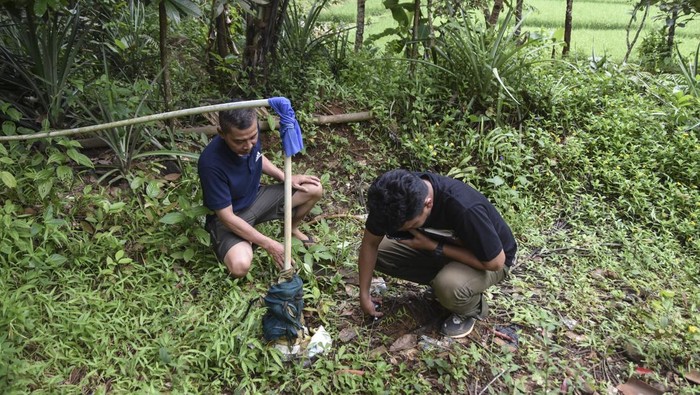 Pegiat lingkungan Indonesia Green Movement (IGM) mengukur pH tanah yang tercemar limbah sampah dari Tempat Pembuangan Akhir (TPA) Ciangir menggunakan alat soil tester di Tamansari, Kota Tasikmalaya, Jawa Barat, Kamis (27/2/2025). Pegiat lingkungan menguji pH air dan tanah serta udara dengan hasil survai kadar air mencapai 4,7 hingga 6,3 pH (potential hydrogen) yang mengandung asam atau tidak layak konsumsi, sedangkan tanah mengandung kadar asam sebesar 5,0 hingga 5,7 pH yang menyebabkan tanah tidak subur. ANTARA FOTO/Adeng Bustomi/