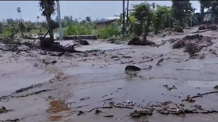 Sungai di Desa Pranggang, Kabupaten Kediri meluap