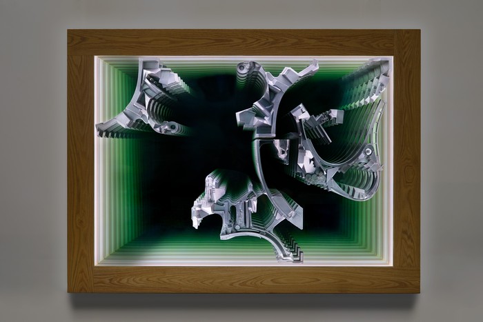 Lee Bul (b. South Korea, 1964), 
Untitled (Infinity Wall) (2008), 
Cast polyurethane, acrylic paint, two-way glass mirror, glass mirror, aluminum, LED light, SMPS, wood frame, 
118 x 158 x 13 cm