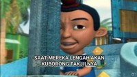 Menggunakan foto karakter Jarjit di animasi Upin-Ipin, meme ini berbunyi, Saat mereka lengah, akan kuborong takjilnya,. Foto: x/Instagram