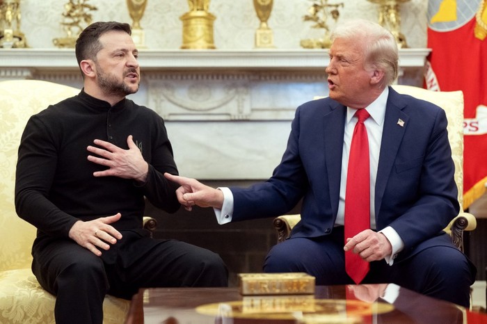 US President Donald Trump and Ukraines President Volodymyr Zelensky meet in the Oval Office of the White House in Washington, DC, February 28, 2025. Zelensky and Trump openly clashed in the White House on February 28 at a meeting where they were due to sign a deal on sharing Ukraines mineral riches and discuss a peace deal with Russia. 