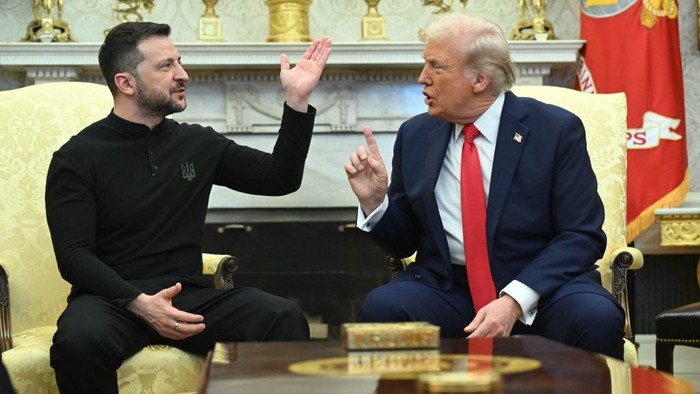 US President Donald Trump and Ukraines President Volodymyr Zelensky meet in the Oval Office of the White House in Washington, DC, February 28, 2025. Zelensky and Trump openly clashed in the White House on February 28 at a meeting where they were due to sign a deal on sharing Ukraines mineral riches and discuss a peace deal with Russia. Youre not acting at all thankful. Its not a nice thing, Trump said. Its going to be very hard to do business like this, he added. (Photo by SAUL LOEB / AFP)