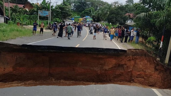 Jalur lintas tengah Sumbar-Jambi putus akibat jalan amblas. (Istimewa)