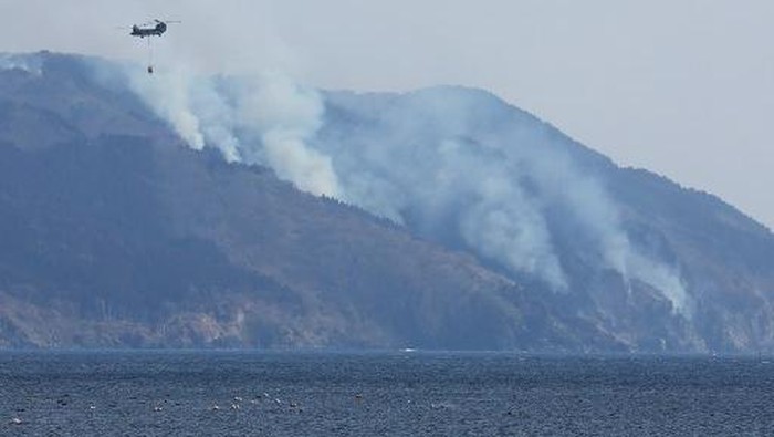 A Japan Self-Defense Force aircraft (top C) sprays water over hilltops as officials continue to fight a wildfire near the city of Ofunato, Iwate Prefecture on February 28, 2025. Military helicopters have been mobilised to try and douse the flames raging in forested areas of Ofunato in the northern region of Iwate. (Photo by JIJI Press / AFP) / Japan OUT