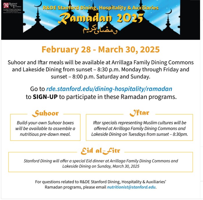 Menu Sahur-Buka Puasa di Kampus Stanford untuk Ramadan 2025