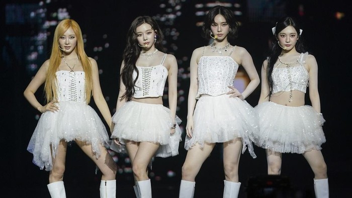 K-Pop group Aespa performs live onstage in London, Sunday, March 2, 2025. (Photo by Alberto Pezzali/Invision/AP)