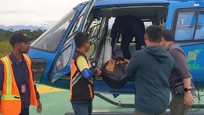 Petugas menurunkan kantong berisi jenazah pendaki Puncak Carstensz Pyramid yang berhasil dievakuasi di Helipad Bandara UPBU Mozes Kilangin Timika, Kabupaten Mimika, Provinsi Papua Tengah, Minggu (2/3/2025). Polres Mimika menyebut dua orang meninggal dunia dalam pendakian Puncak Carstensz Pyramid yaitu atas nama Elsa Laksono dan Lilie Wijayanti Poegiono. ANTARA FOTO/HO/Polda Papua Tengah/sgd/nym.