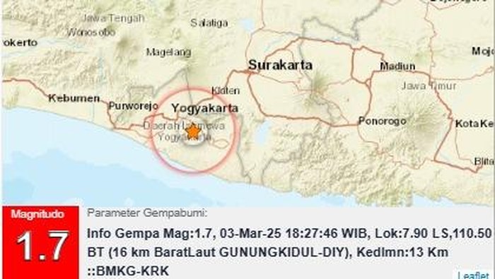 Gempa bumi magnitudo (M) 1,7 di Gunungkidul, Daerah Istimewa Yogyakarta (DIY), Senin (3/3/2025) pukul 18.27 WIB.