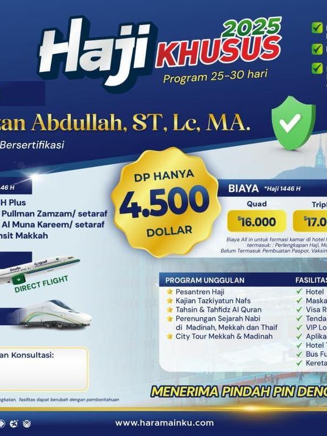 Paket Haji Khusus 2025/2026 PT HaramainKU, Program 25-30 Hari Akomodasi VIP