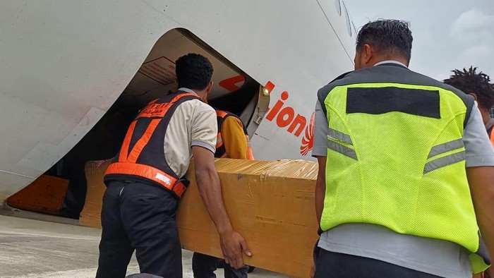 Petugas memasukkan peti jenazah pendaki Puncak Carstensz Pyramid untuk diterbangkan menuju Jakarta di Bandara Mozes Kilangin Timika, Kabupaten Mimika, Provinsi Papua Tengah, Senin (3/3/2025). Dua jenazah bernama Elsa Laksono dan Lilie Wijayanti Poegiono yang meninggal saat perjalanan turun dari Puncak Carstenz Pyramid karena indikasi terkena gejala acute mountain sickness (AMS) diterbangkan ke Jakarta untuk dikebumikan. ANTARA FOTO/HO/Humas Polres Mimika/wpa/YU