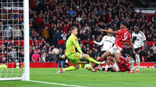MANCHESTER, ENGLAND - MARCH 2: Chido Obi-Martin of Manchester United  misses a chance during the Emirates FA Cup Fifth Round match between Manchester United and Fulham at Old Trafford on March 2, 2025 in Manchester, England. (Photo by Robbie Jay Barratt - AMA/Getty Images)