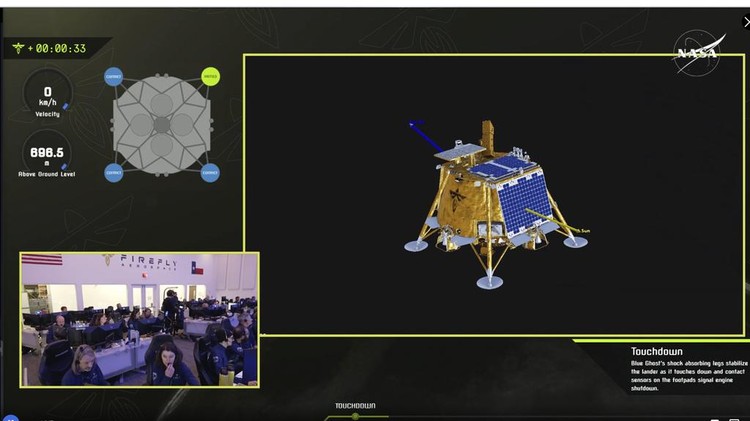 Wahana Antariksa Blue Ghost Sukses Mendarat di Bulan Private lunar lander Blue Ghost after touching down on the moon with a special delivery for NASA Sunday, March 2, 2025. (NASA/Firefly Aerospace via AP)