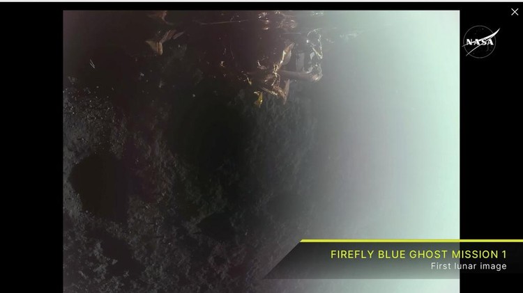 Wahana Antariksa Blue Ghost Sukses Mendarat di Bulan Private lunar lander Blue Ghost after touching down on the moon with a special delivery for NASA Sunday, March 2, 2025. (NASA/Firefly Aerospace via AP)