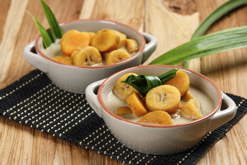 Kolak Pisang Ubi, Indonesian Popular Dessert for Takjil Ramdan Breaking the Fast, Sweet Soup Made from Banana and Sweet Potato