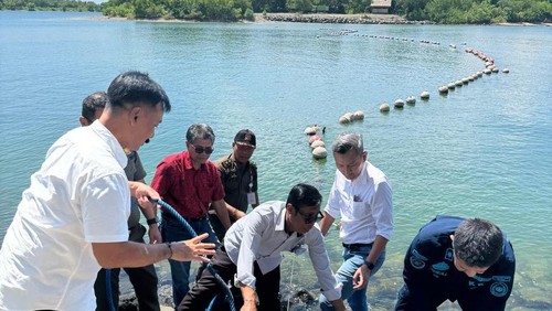 Pembongkaran pelampung yang disebut pagar laut di Serangan, Denpasar, Senin (3/3/2025).