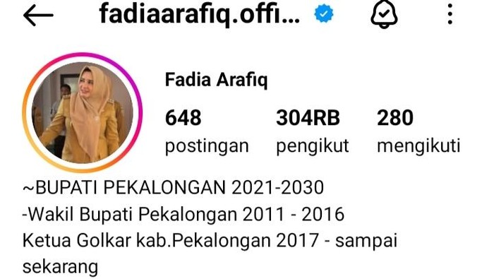 Akun Instagram Bupati Pekalongan Fadia Arafiq. Foto diunggah Selasa (4/3/2025).
