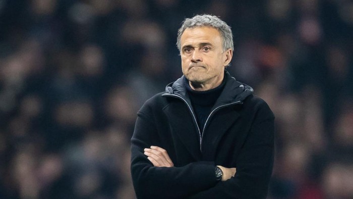 Luis Enrique coaches Paris Saint-Germain (PSG) during the UEFA Champions League 2nd leg football match between Paris Saint-Germain (PSG) and Brest at the Parc des Princes stadium in Paris, France, on February 19, 2025. (Photo by Ibrahim Ezzat/NurPhoto via Getty Images)