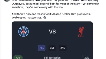 Melihat statistik laga, Liverpool digempur habis PSG, tapi menang. Bagaimana mungkin Liverpool memang dengan statistik ini? Hanya ada satu alasan: Alisson Becker, tulis akun ini. Foto: X.com