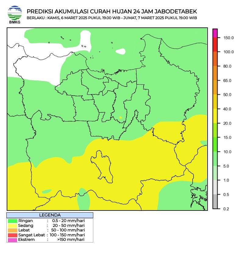 Prediksi Cuaca Jabodetabek berlaku 6 Maret 2025 pukul 19.00 WIB - 7 Maret 2025 pukul 19.00 WIB. (dok. BMKG)