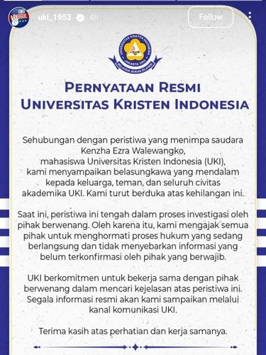 Tangkapan layar IG Story Universitas Kristen Indonesia @uki_1953.