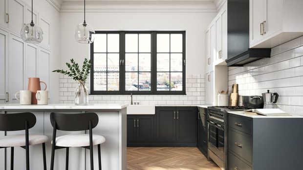 Interior design of elegant kitchen with black and white elements-  3d render
