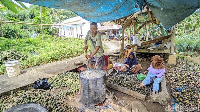 Ade Suryaman perajin kolang-kaling di Ciamis sedang mengolah buah aren menjadi kolang-kaling.