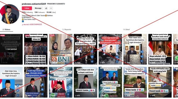 Video deepfake menyasar Presiden Prabowo Subianto. Calon korban diiming-imingi uang dari Prabowo untuk bayar hutang, cicilan, sampai biaya sehari-hari.